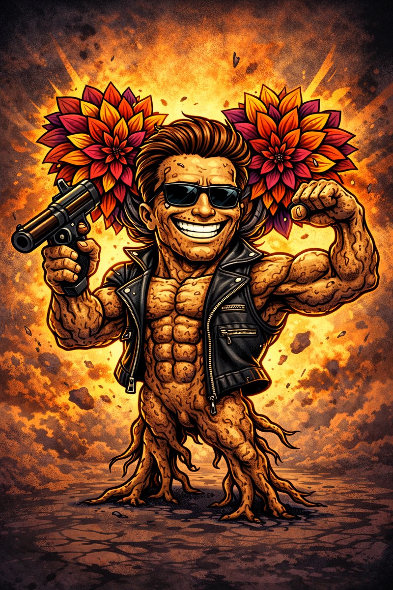 Dahlia tuber cartoon as an 80s action hero