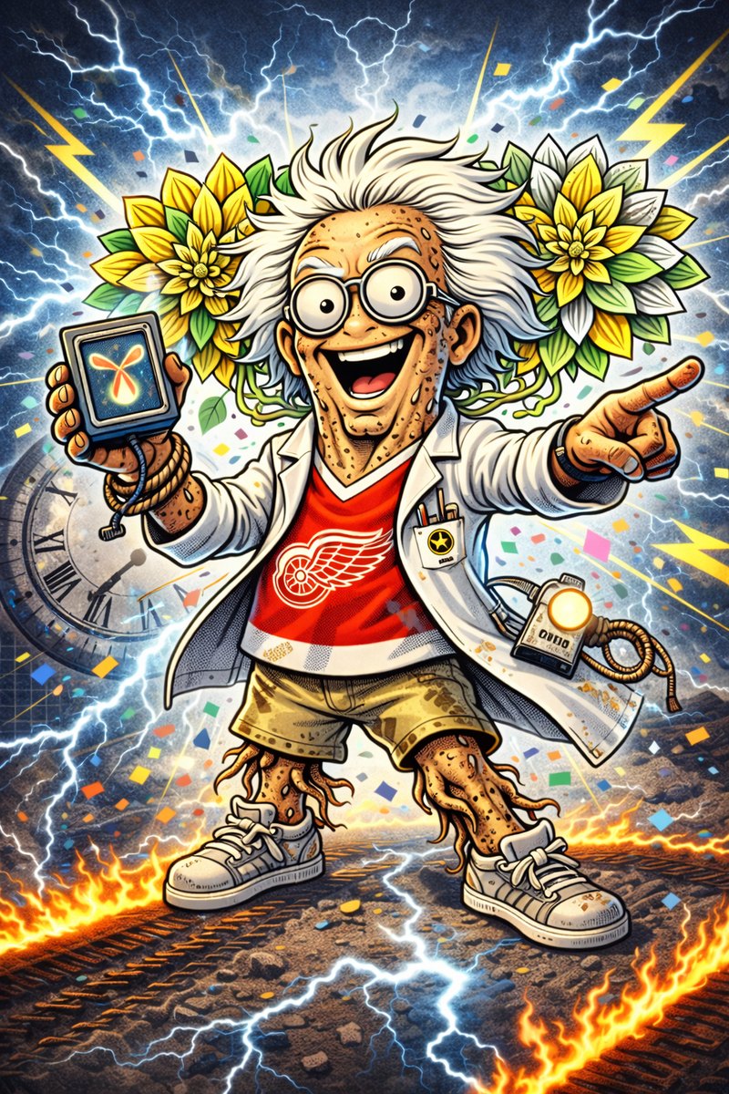 Dahlia tuber cartoon as an 80s mad scientist