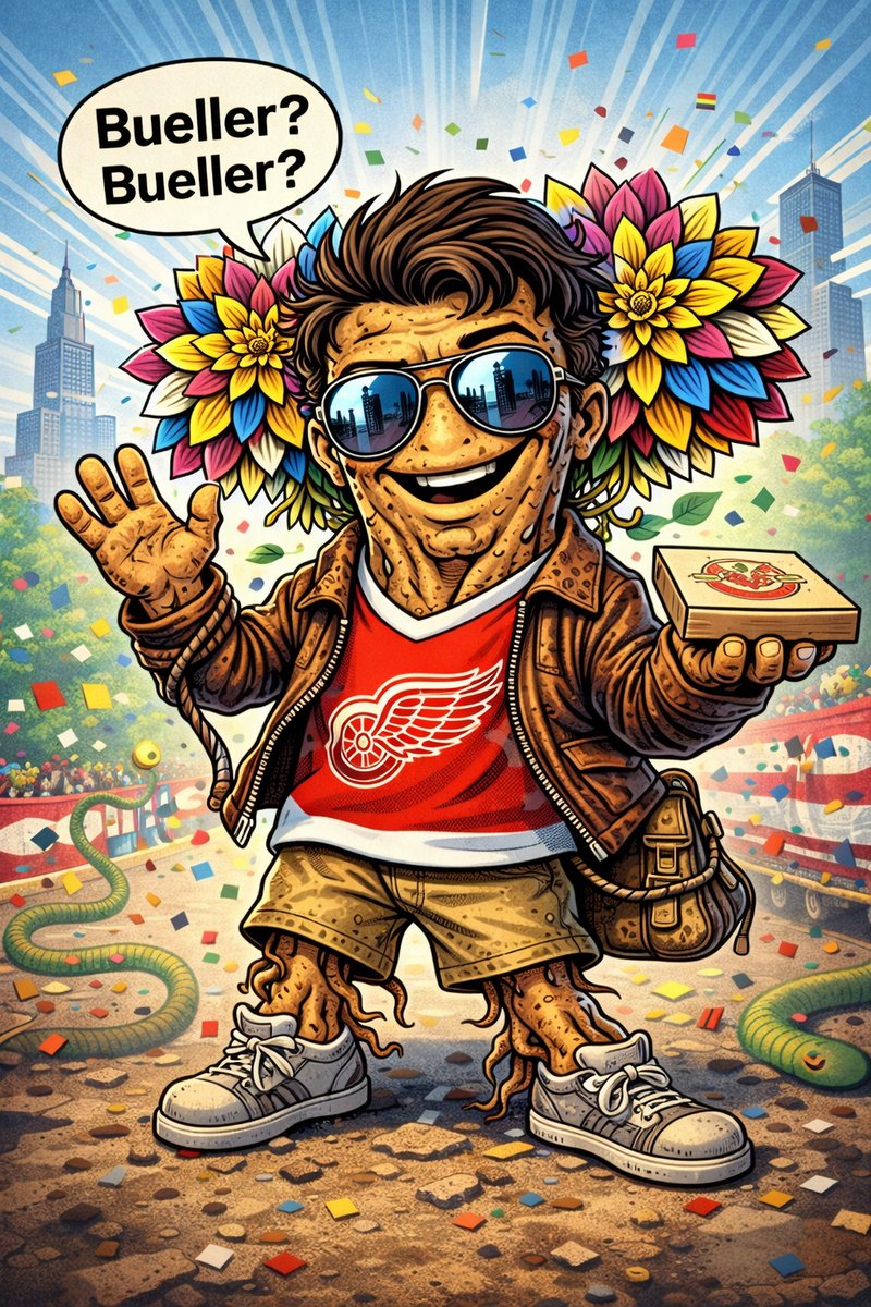 Dahlia tuber cartoon as an 80s day-off slacker