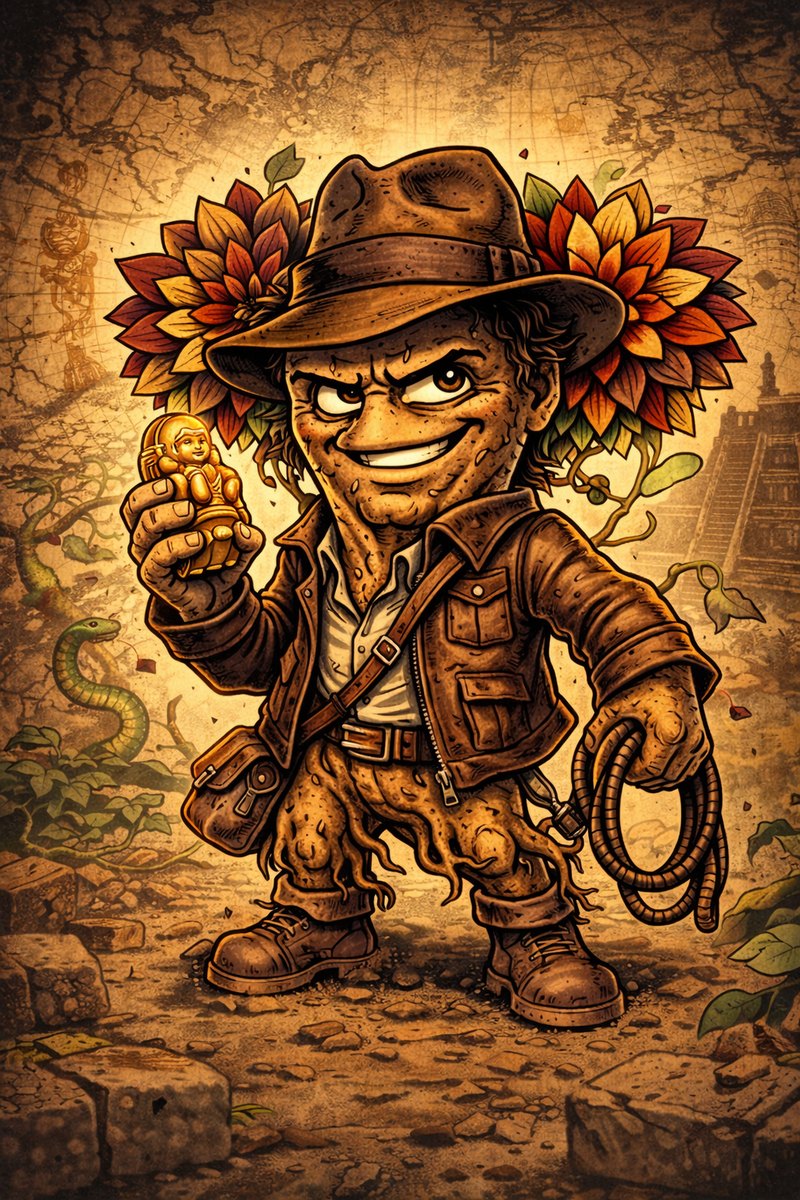 Dahlia tuber cartoon as an adventuring archaeologist