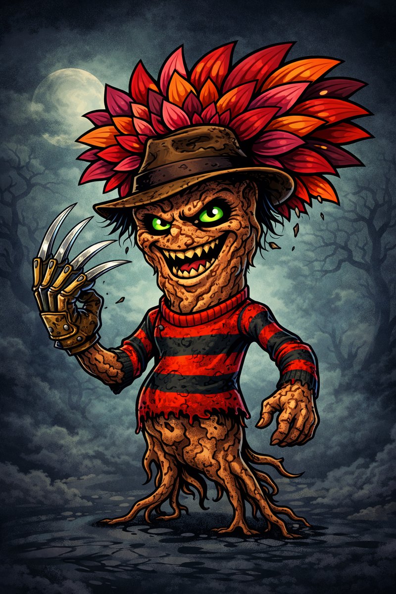 Dahlia tuber cartoon as an 80s horror villain