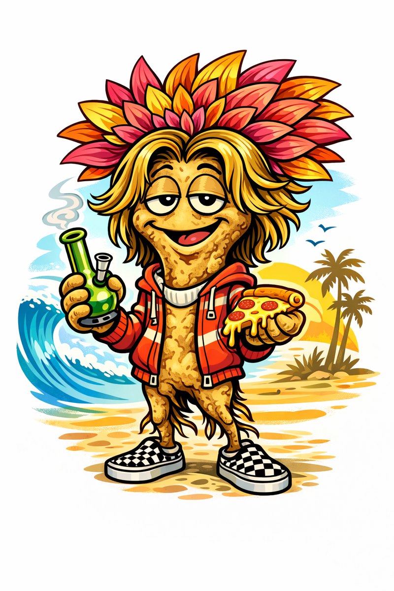 Dahlia tuber cartoon as an 80s beach slacker
