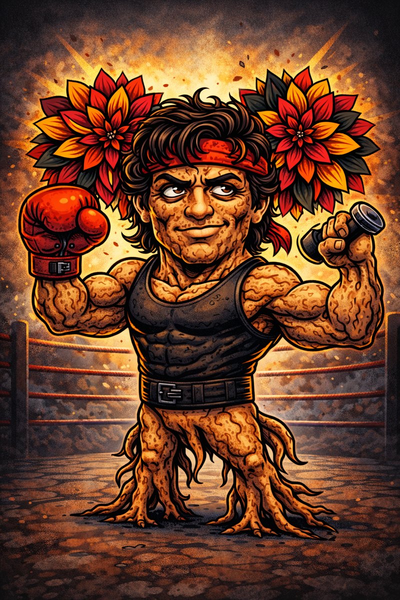 Dahlia tuber cartoon as an 80s boxer